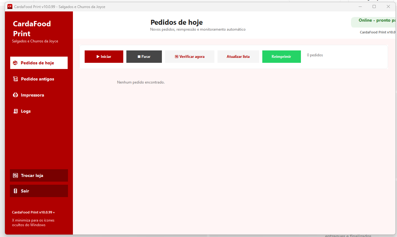 Pedido sendo impresso pelo aplicativo CardaFood para Windows