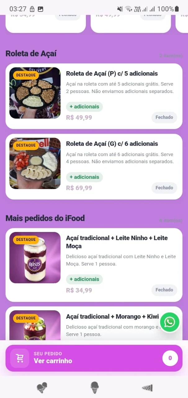 Lista de produtos, combos e destaques CardaFood